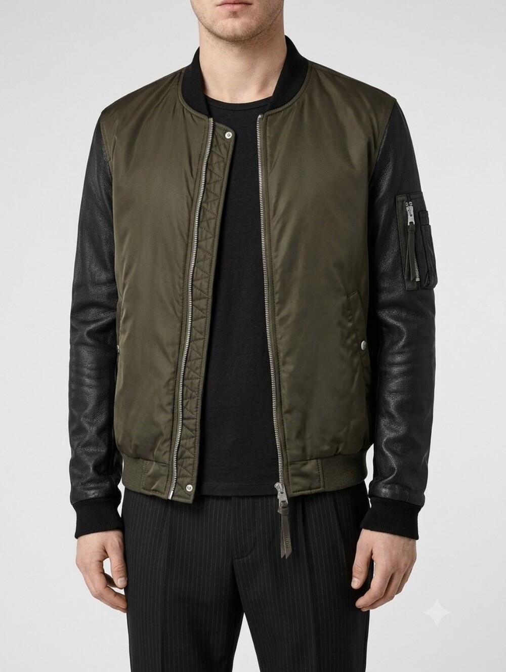 Men's AlI Saints Army Green Black MANTA Leather sleeves Bomber Jacket XL NWOT